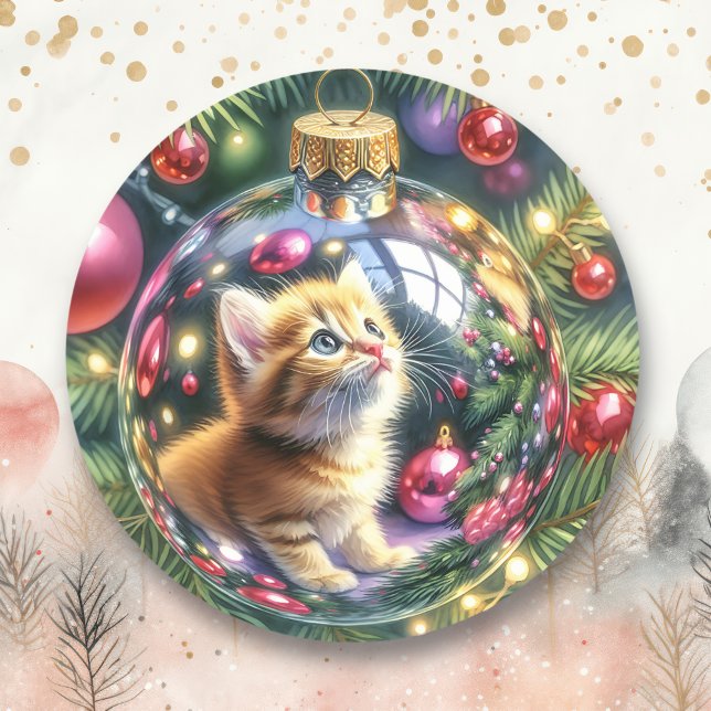 Reflection of Kitten in a Christmas Ornament   Classic Round Sticker (Creator Uploaded)