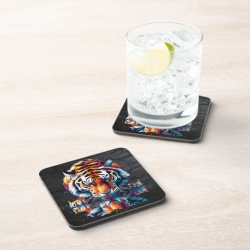 Reflection of Tiger Drinking Water  Beverage Coaster