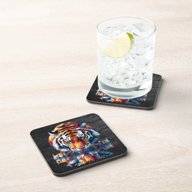 Reflection of Tiger Drinking Water  Beverage Coaster (Right Side)