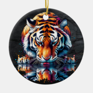 Reflection of Tiger Drinking Water Ceramic Ornament
