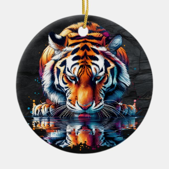 Reflection of Tiger Drinking Water  Ceramic Ornament (Front)