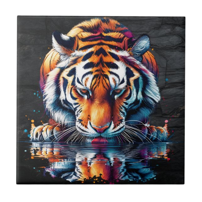 Reflection of Tiger Drinking Water  Ceramic Tile (Front)
