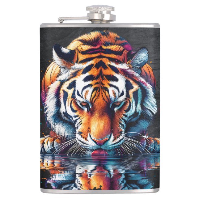 Reflection of Tiger Drinking Water  Flask (Front)