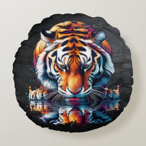 Reflection of Tiger Drinking Water  Round Pillow