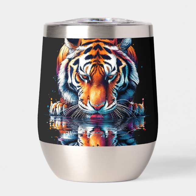 Reflection of Tiger Drinking Water  Thermal Wine Tumbler (Front)