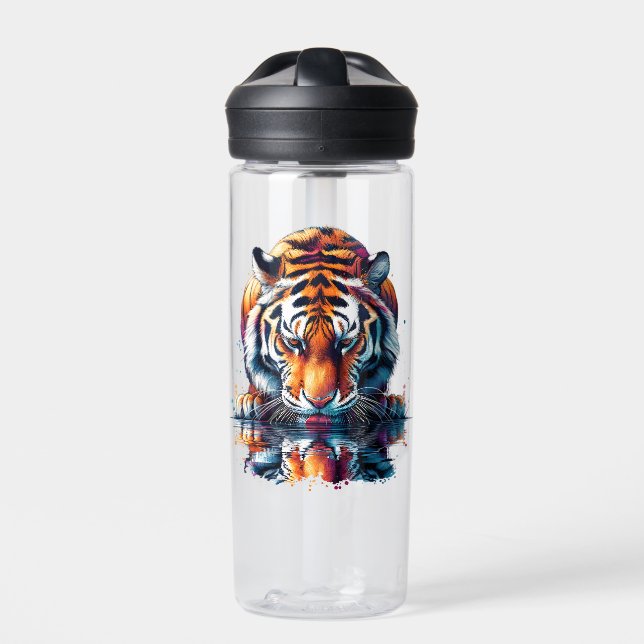 Reflection of Tiger Drinking Water  Water Bottle (Front)