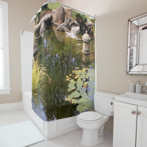 Reflections Japanese garden pond Shower Curtain