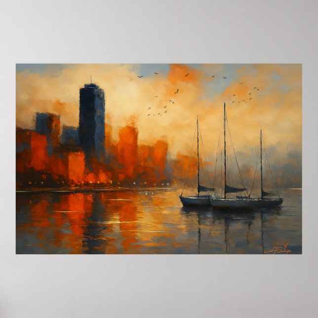 Reflections of Ember Bay Cityscape Poster (Front)