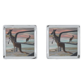 "Reflections of the Wild: A Kangaroo on the Beach  Cufflinks