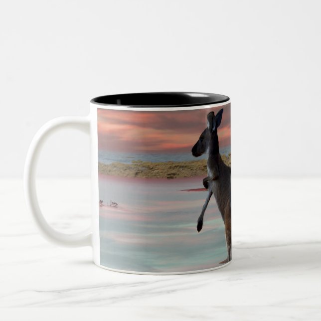 "Reflections of the Wild: A Kangaroo on the Beach  Two-Tone Coffee Mug (Left)