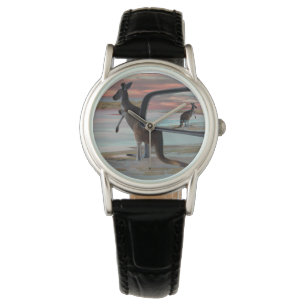 "Reflections of the Wild: A Kangaroo on the Beach Watch