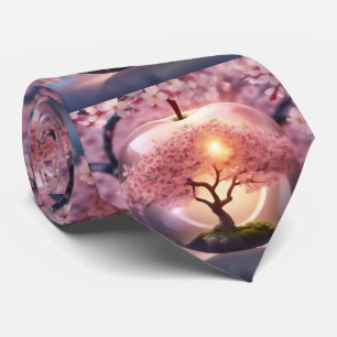 "Reflective Beauty: Glass Apple With Blossom Tree Neck Tie