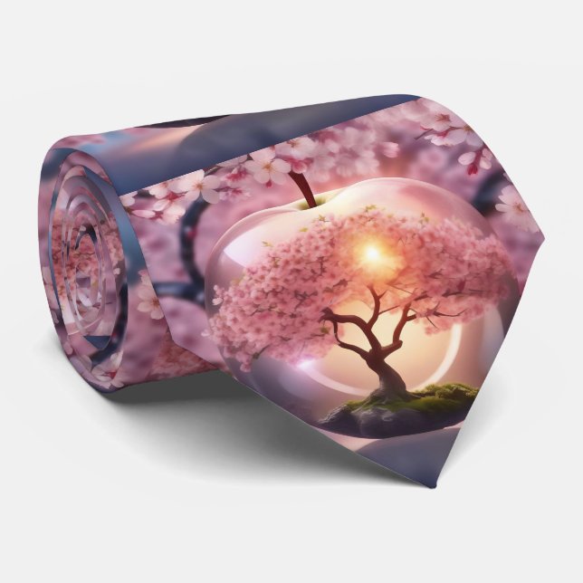 "Reflective Beauty: Glass Apple With Blossom Tree Neck Tie (Rolled)
