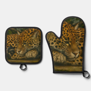 Reflective Jaguar – Serene Wildlife Art Print Oven Mitt & Pot Holder Set
