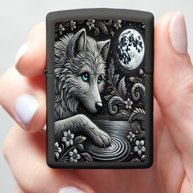 Reflective Moonlit Wolf Artwork Zippo Lighter (In Hand)