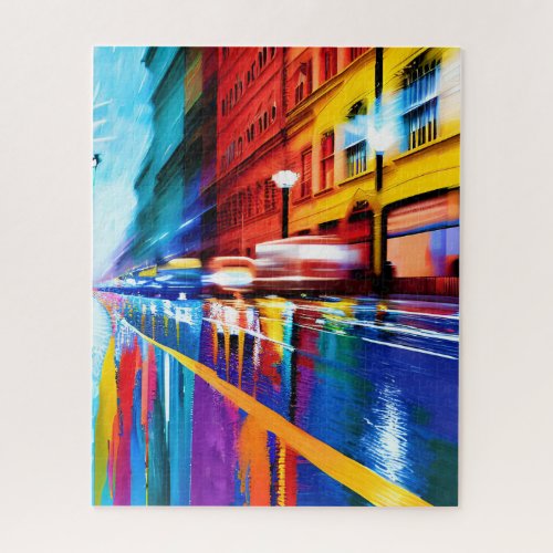 Reflective Rainy vibrant Colors in City Jigsaw Puzzle