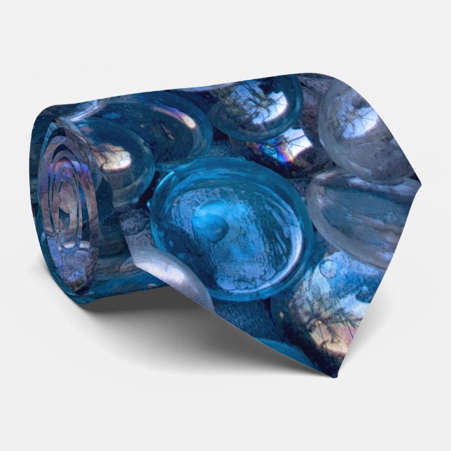 Reflective Watery Blue and Clear Glass Marbles Neck Tie (Rolled)