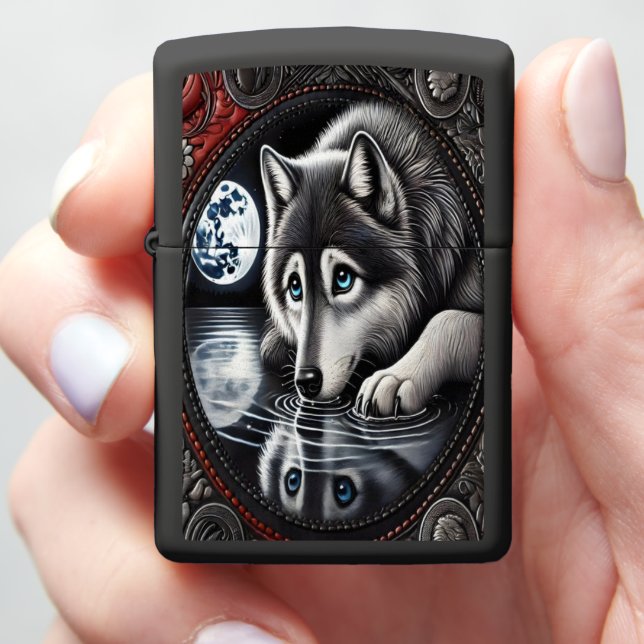 Reflective White Wolf Design Zippo Lighter (In Hand)