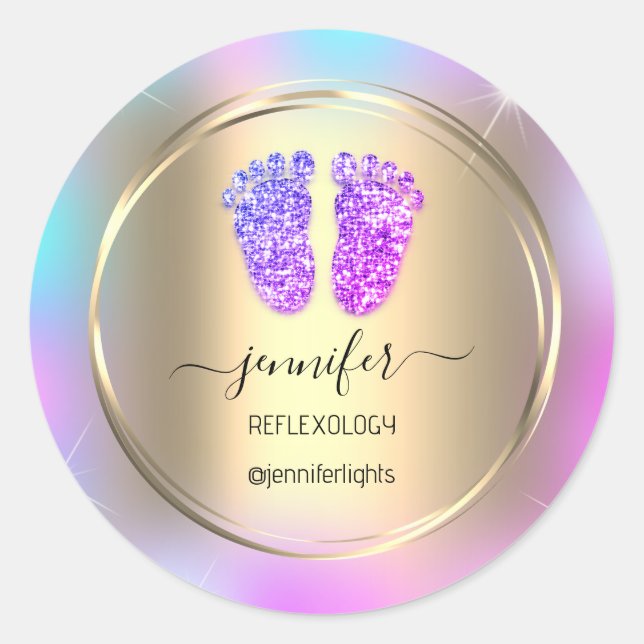 Reflexology Baby Feet Gold Holograph Gold Purple Classic Round Sticker (Front)