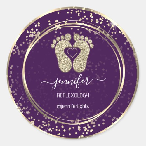 Reflexology  Feet Confetti Gold Glitter Purple Classic Round Sticker