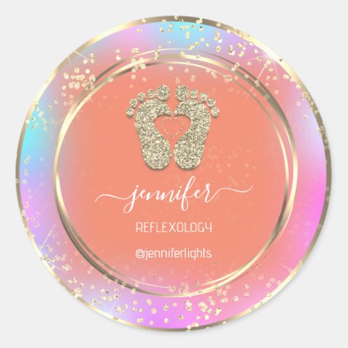 Reflexology Heart Feet Holograph Gold Frame Orange Classic Round Sticker