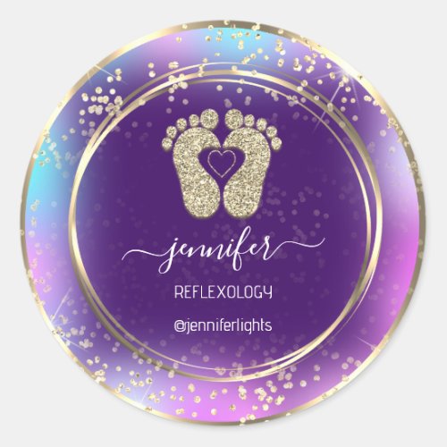 Reflexology Heart Feet Holograph Gold Frame Purple Classic Round Sticker