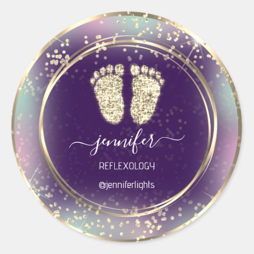 Reflexology Heart Feet Holograph Gold Frame Purple Classic Round Sticker