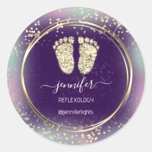 Reflexology Heart Feet Holograph Gold Frame Purple Classic Round Sticker