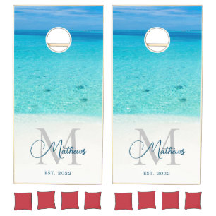 Refreshing Beach Scenery Elegant Script Monogram Cornhole Set