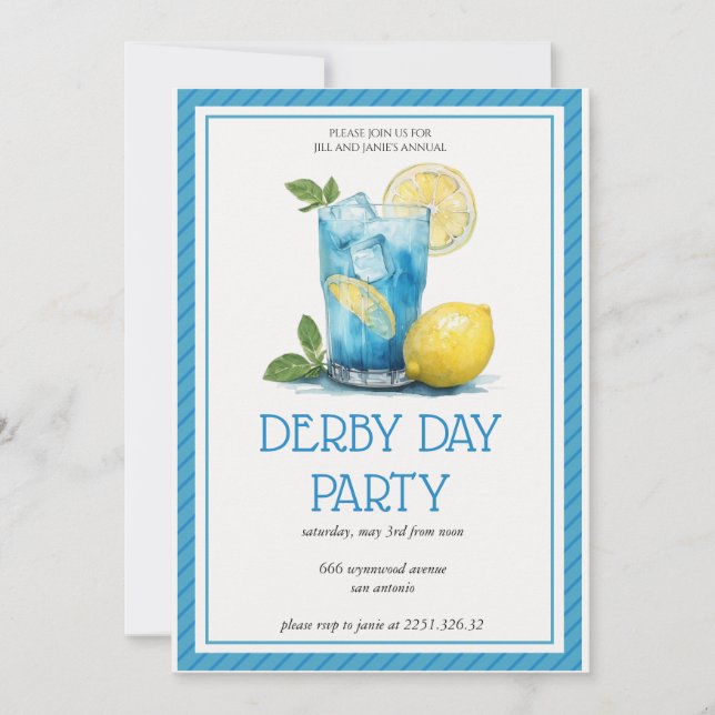 Refreshing Blue Cocktail Lemon Derby Day Party Inv Invitation (Front)