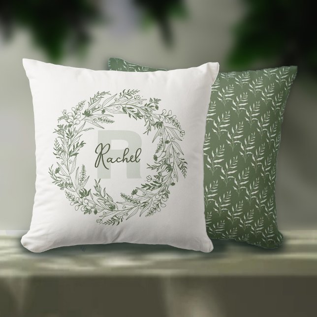 Refreshing Botanical Leafy Monogram R Throw Pillow (Creator Uploaded)