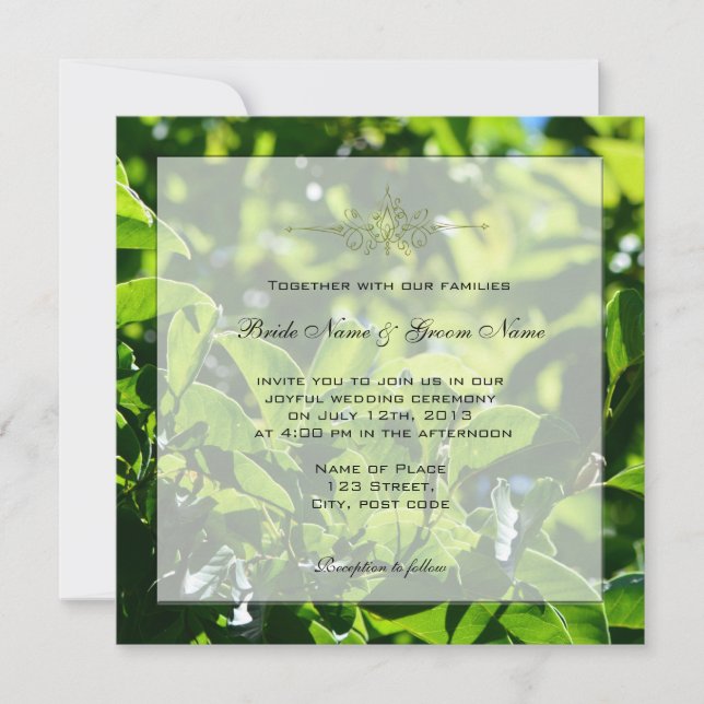 Refreshing spring, summer green leaves wedding invitation (Front)