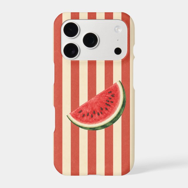 Refreshing Watermelon Slice on Red and Cream Strip iPhone Case (Back)