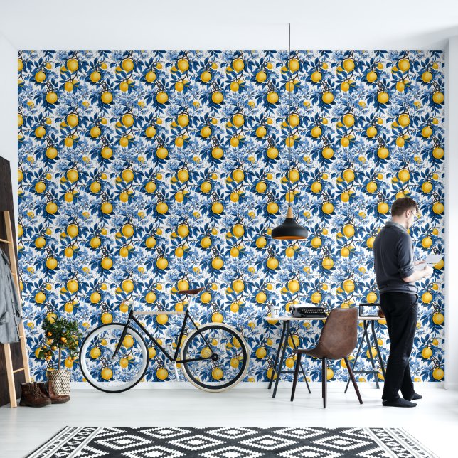 Refreshing Yellow Lemon Blue Leaves Peel & Stick  Wallpaper (Living Room)