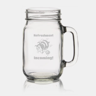 Refreshment Incoming! Funny Bee & Buckets Cartoon Mason Jar W/ Handle