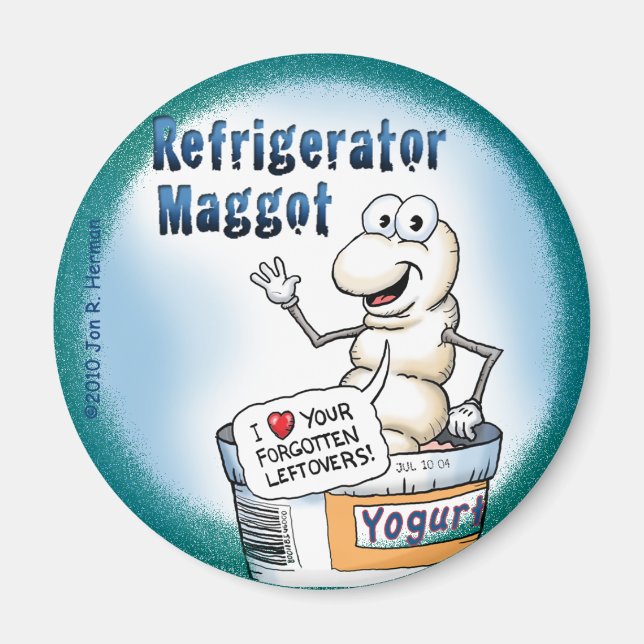 Refrigerator Maggot Magnet; the Round Version Magnet (Front)
