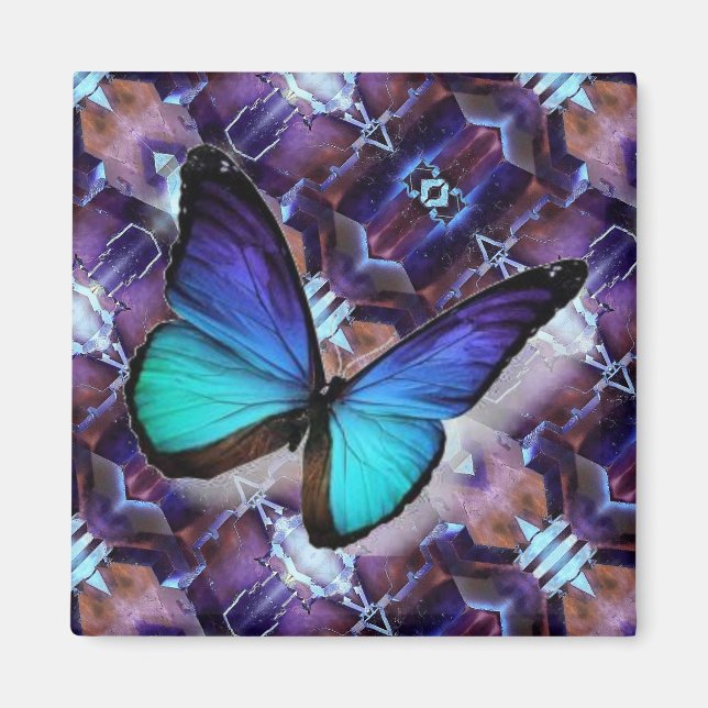 Refrigerator Magnet Blue Butterfly on Fluorite (Front)