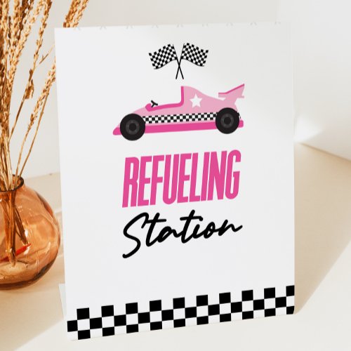 Refueling Station Pink Race Car Drink Table Pedestal Sign