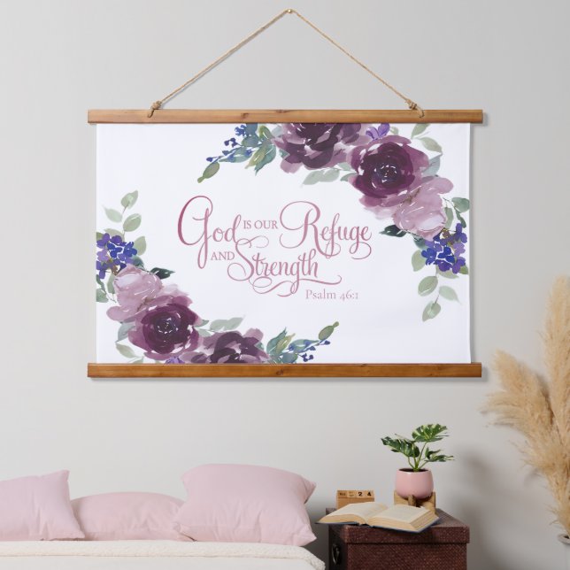 Refuge and strength purple floral  hanging tapestry (Bedroom)
