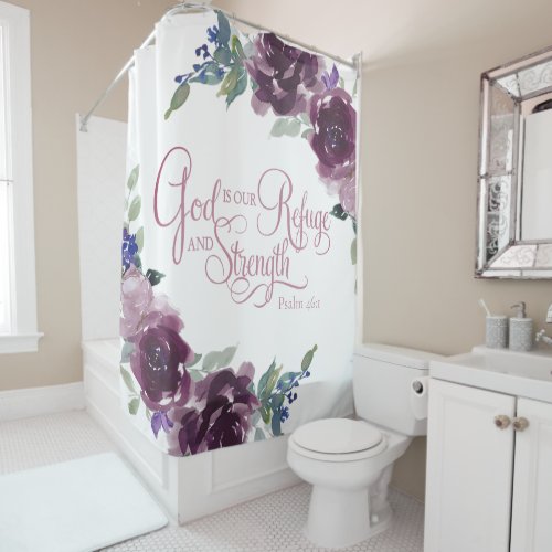 Refuge and strength purple floral  shower curtain
