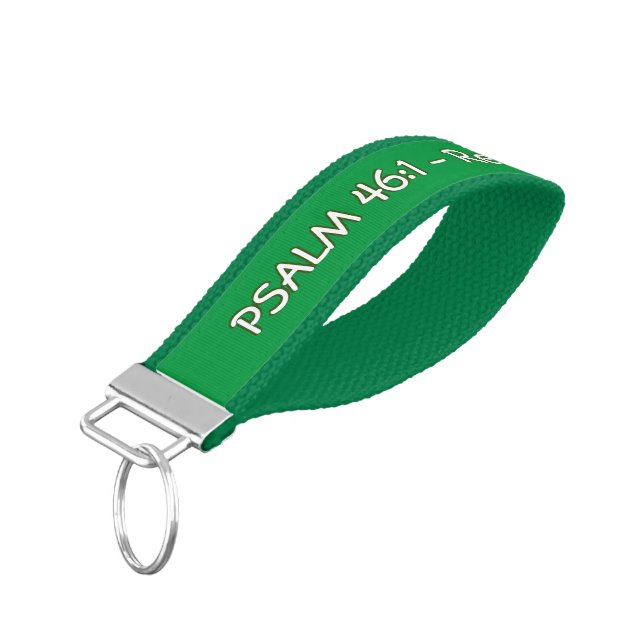 REFUGE STRENGTH | Psalm 46:1 Green Personalizable Wrist Keychain (Angled Down)