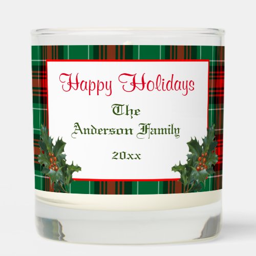 Reg Green Plaid with Holly Happy Holiday  Scented Candle