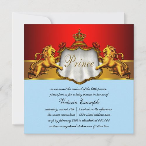 Regal Baby Blue and Red Prince Baby Shower Invitation