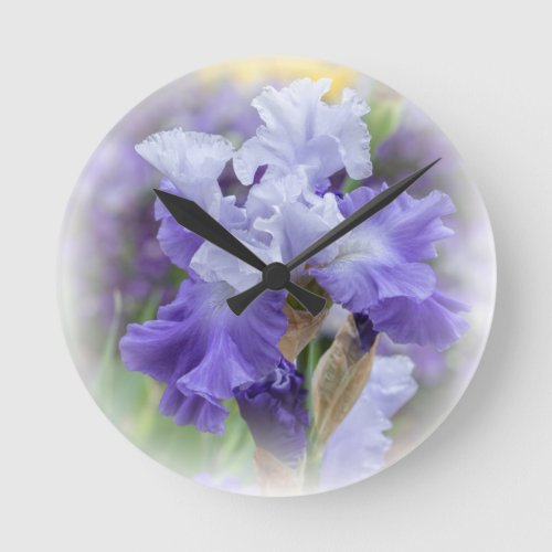 Regal Bearded Iris _ Purple  White Round Clock