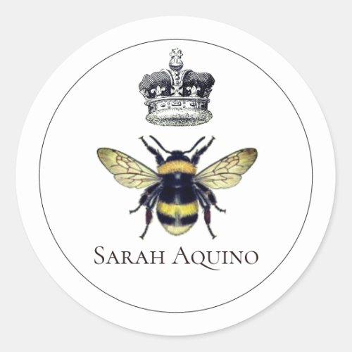 Regal Bee And Crown Custom Name Classic Round Sticker