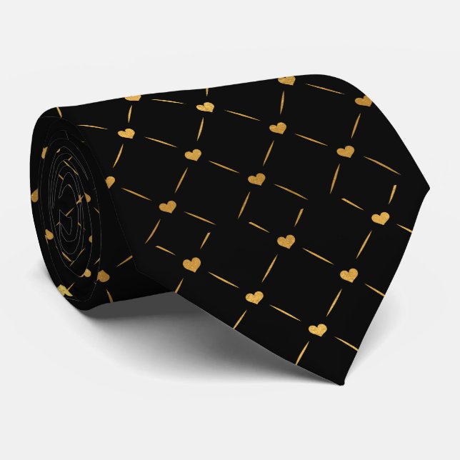Regal Black and Gold Heart Motif Neck Tie  (Rolled)