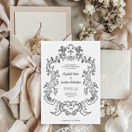Regal Black and White  Baroque Frame Wedding Invitation