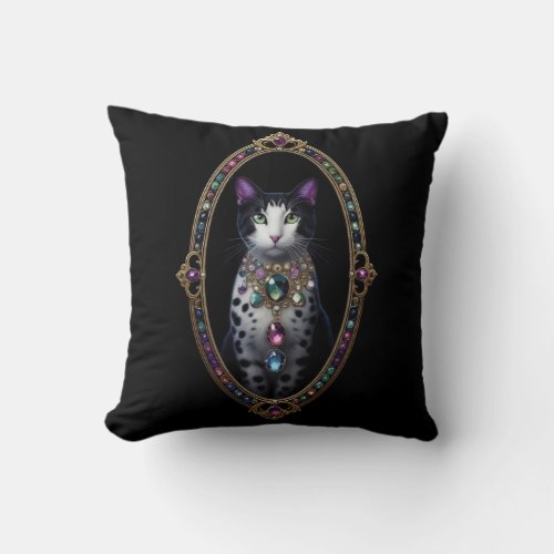 Regal Black and White Cat with Gemstones Throw Pil Throw Pillow