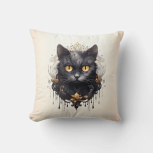 Regal Black Cat Rhinestones Gold Halloween Throw Pillow