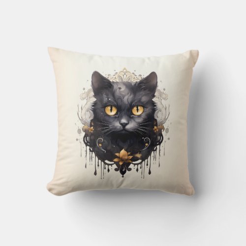 Regal Black Cat Rhinestones Gold Halloween Throw Pillow
